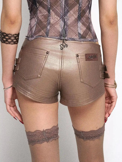 Rose Gold Y2K PU Leather Mini Shorts