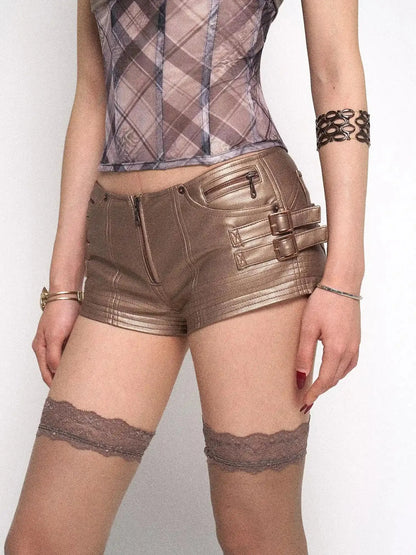 Rose Gold Y2K PU Leather Mini Shorts