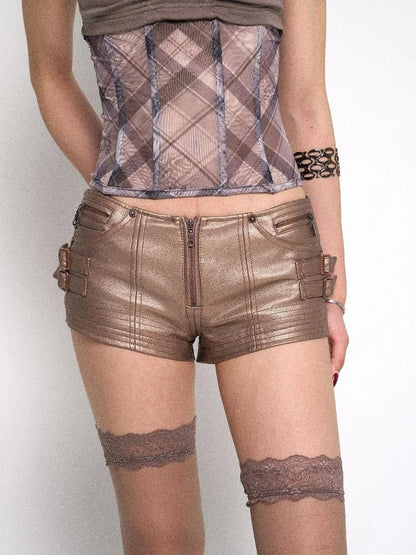Rose Gold Y2K PU Leather Mini Shorts