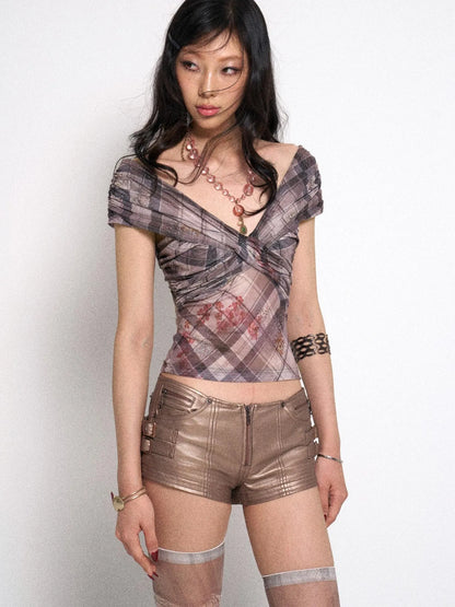 Rose Gold Y2K PU Leather Mini Shorts