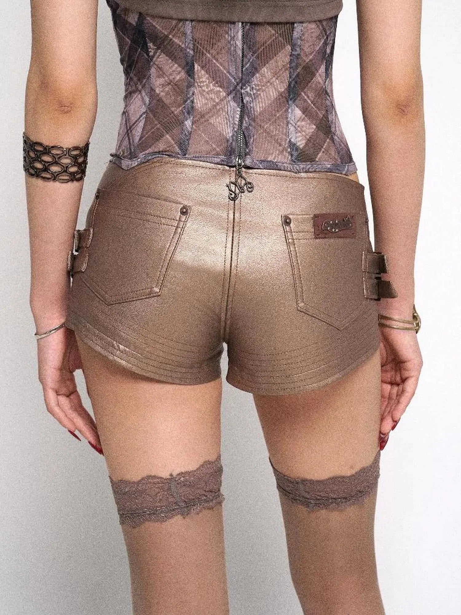 Rose Gold Y2K PU Leather Mini Shorts