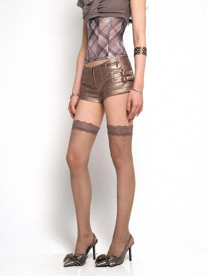 Rose Gold Y2K PU Leather Mini Shorts