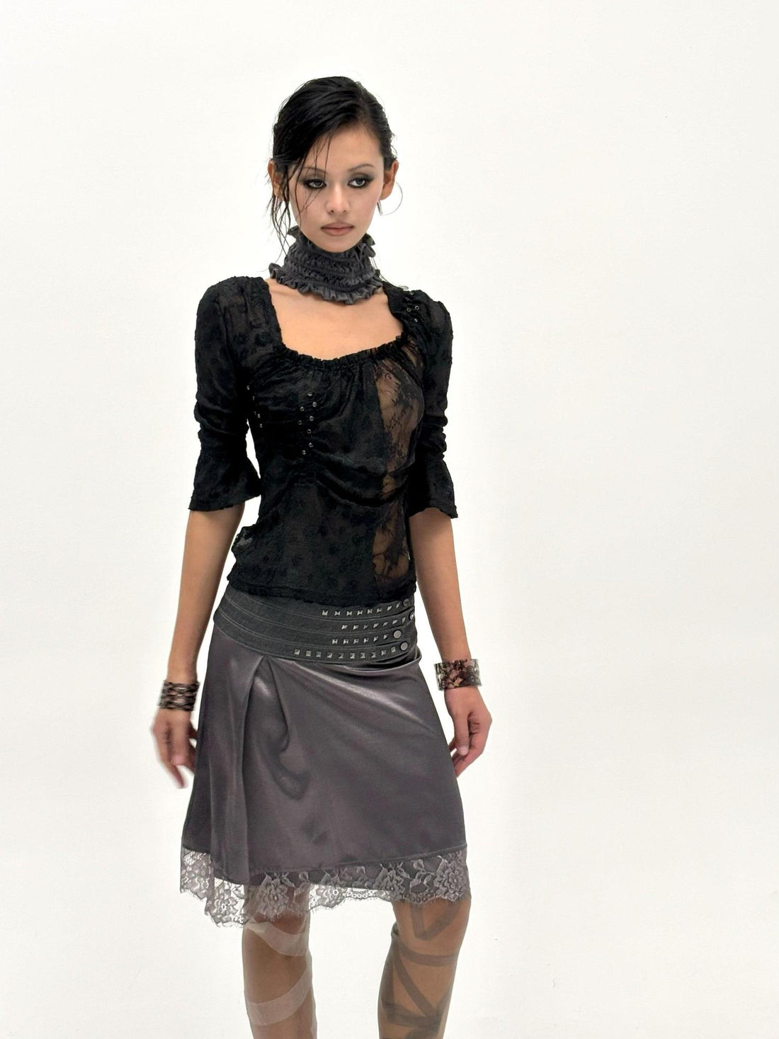 Flowers_birds_Market Ruffle Sleeve Cropped Slim Round Neck Women Black Purple Short Sleeve T-Shirts