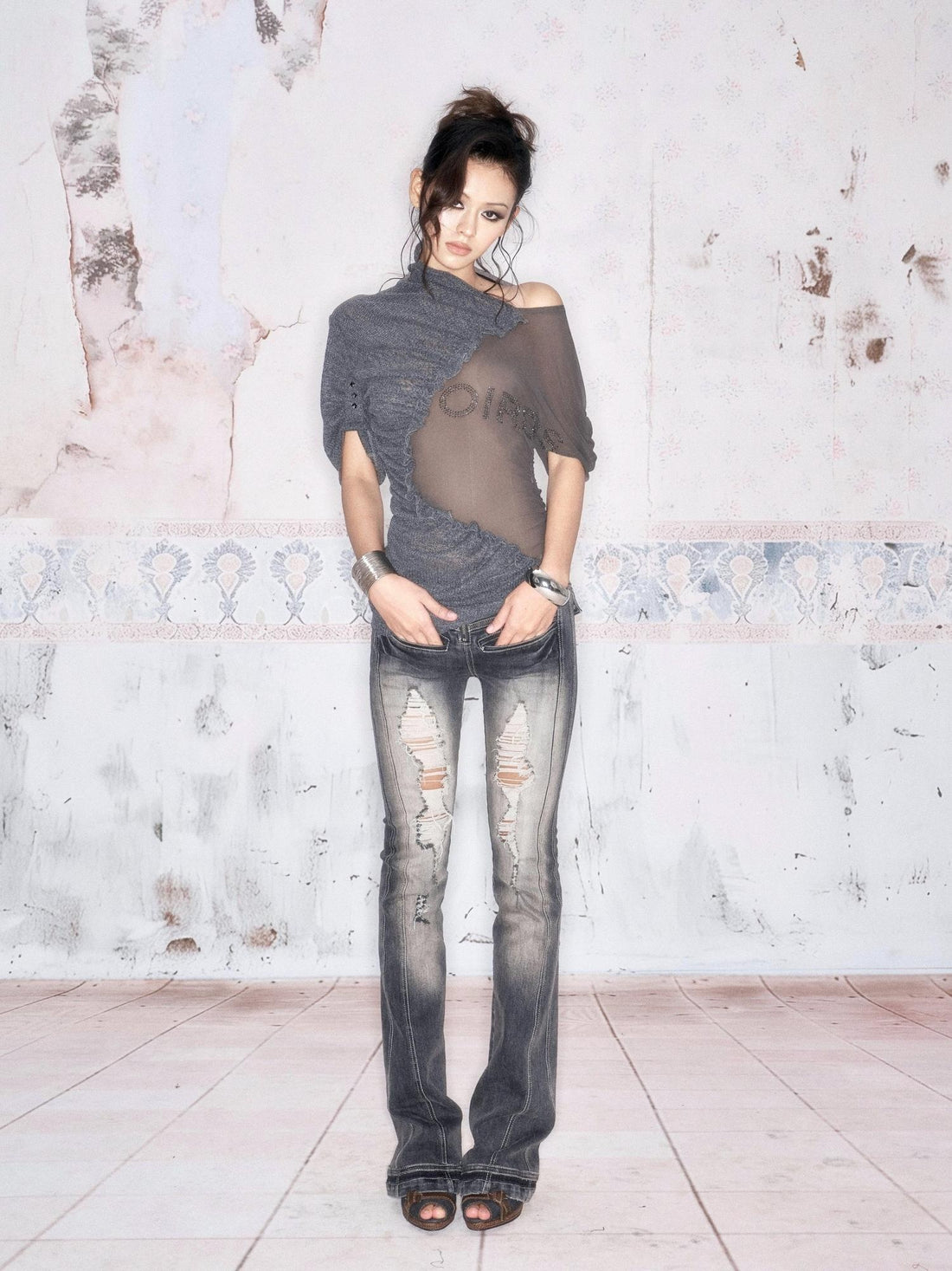 Flowers_birds_Market Sheer Mesh Ruffle Slim Fit Asymmetric Neck Short Sleeve Off-Shoulder T-Shirts