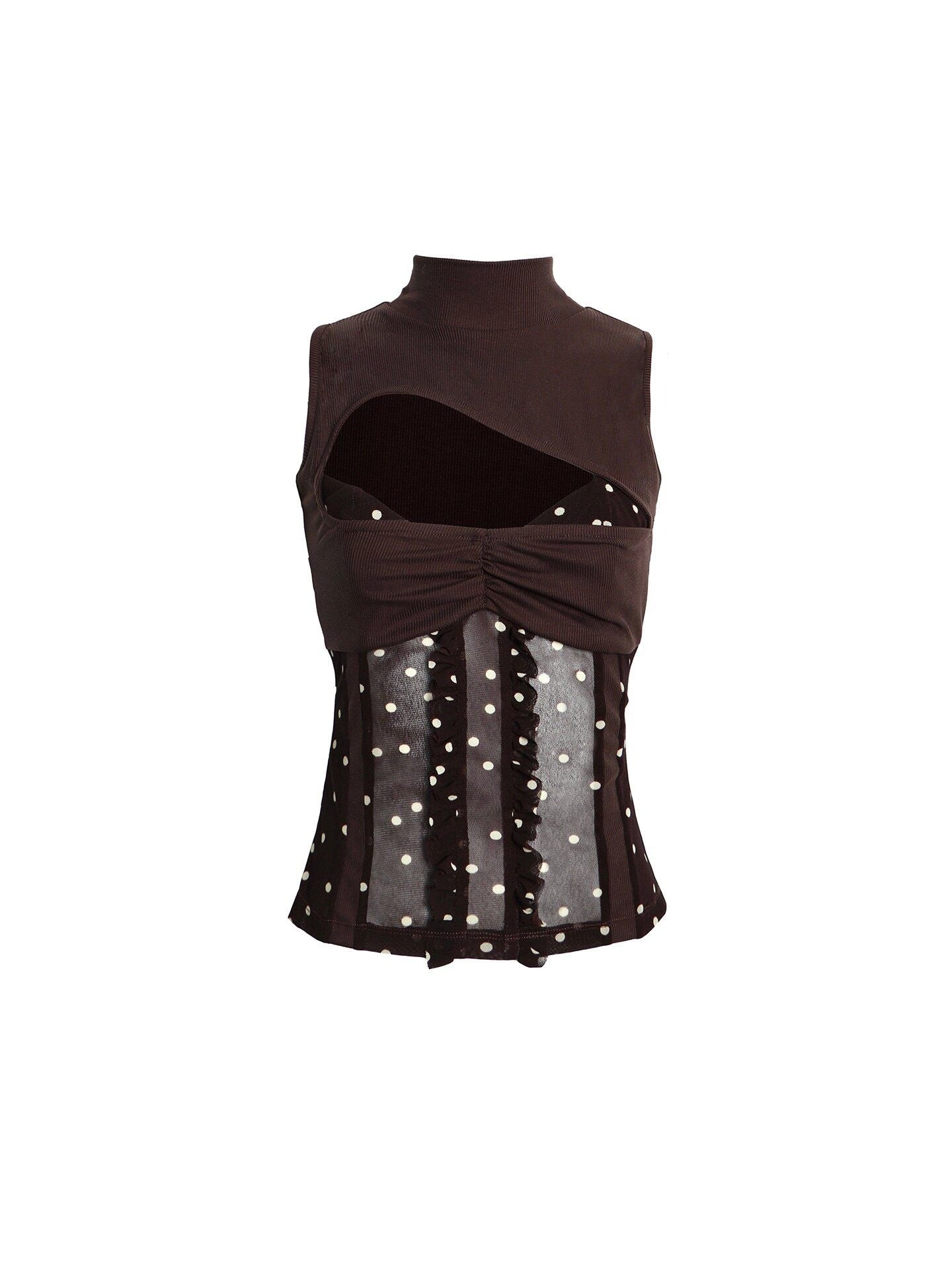 Flowers birds Market Sheer Mesh Spliced Halter High Neck Slim Women Brown Polka Dot Tank Tops