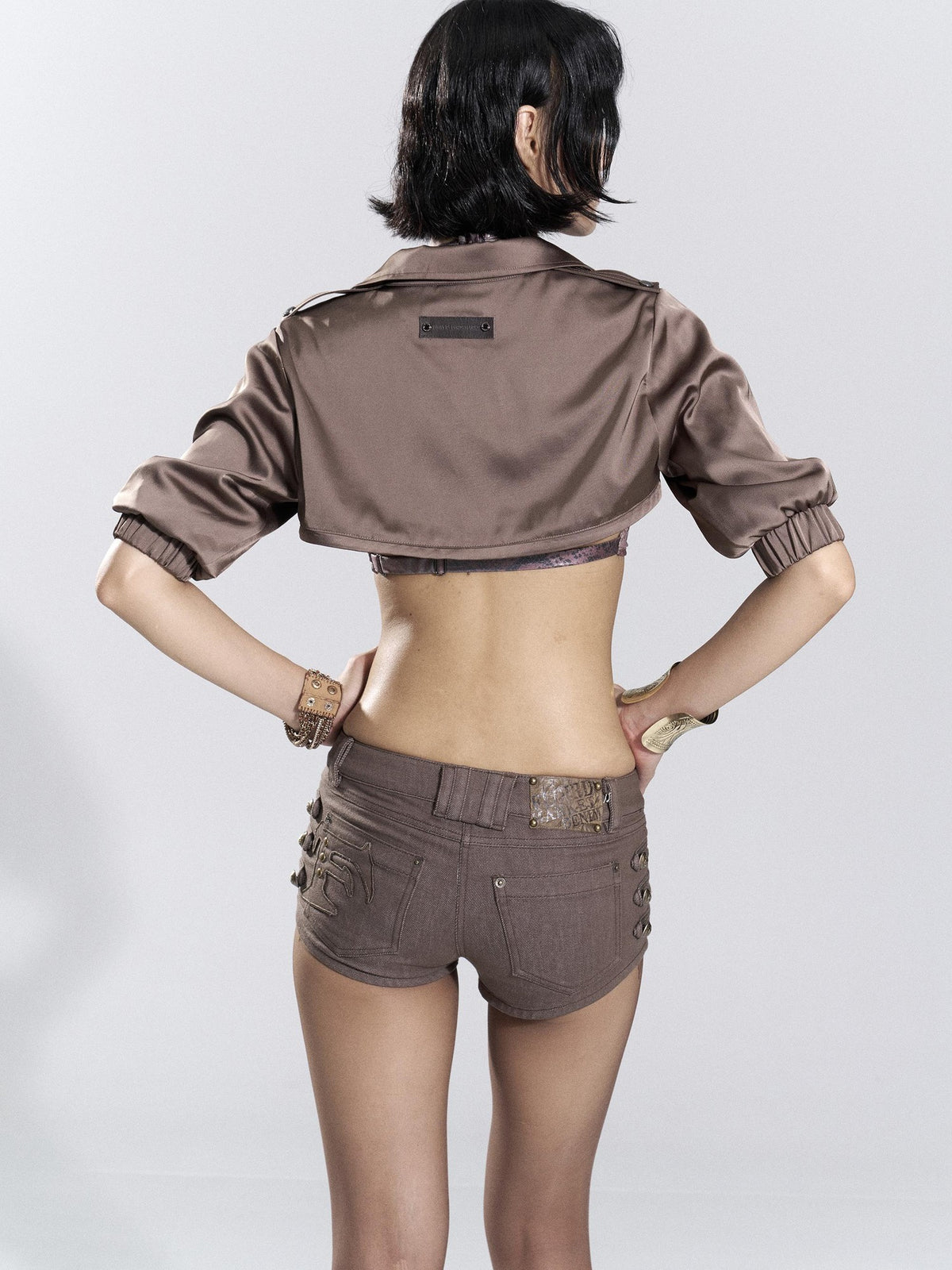 Flowers birds Market Shiny Satin Print Detachable Placket Women&