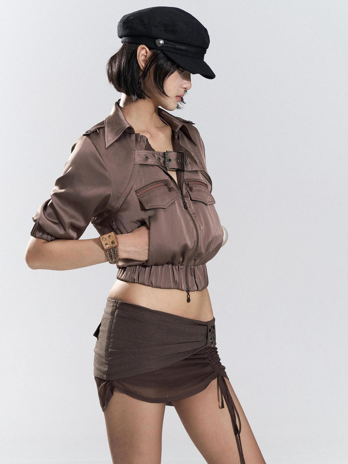 Flowers birds Market Shiny Satin Print Detachable Placket Women&