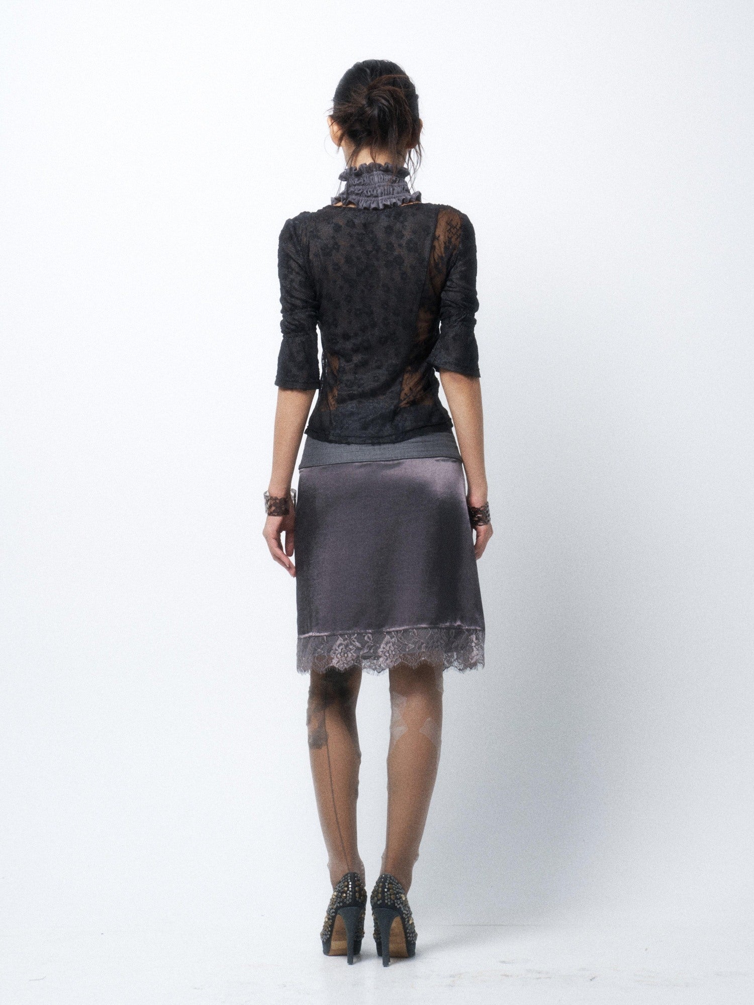Flowers birds Market Silver Gray Lace H Silhouette Straight Fit Mid Waist Women Versatile Midi Skirts