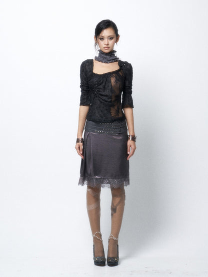Flowers birds Market Silver Gray Lace H Silhouette Straight Fit Mid Waist Women Versatile Midi Skirts