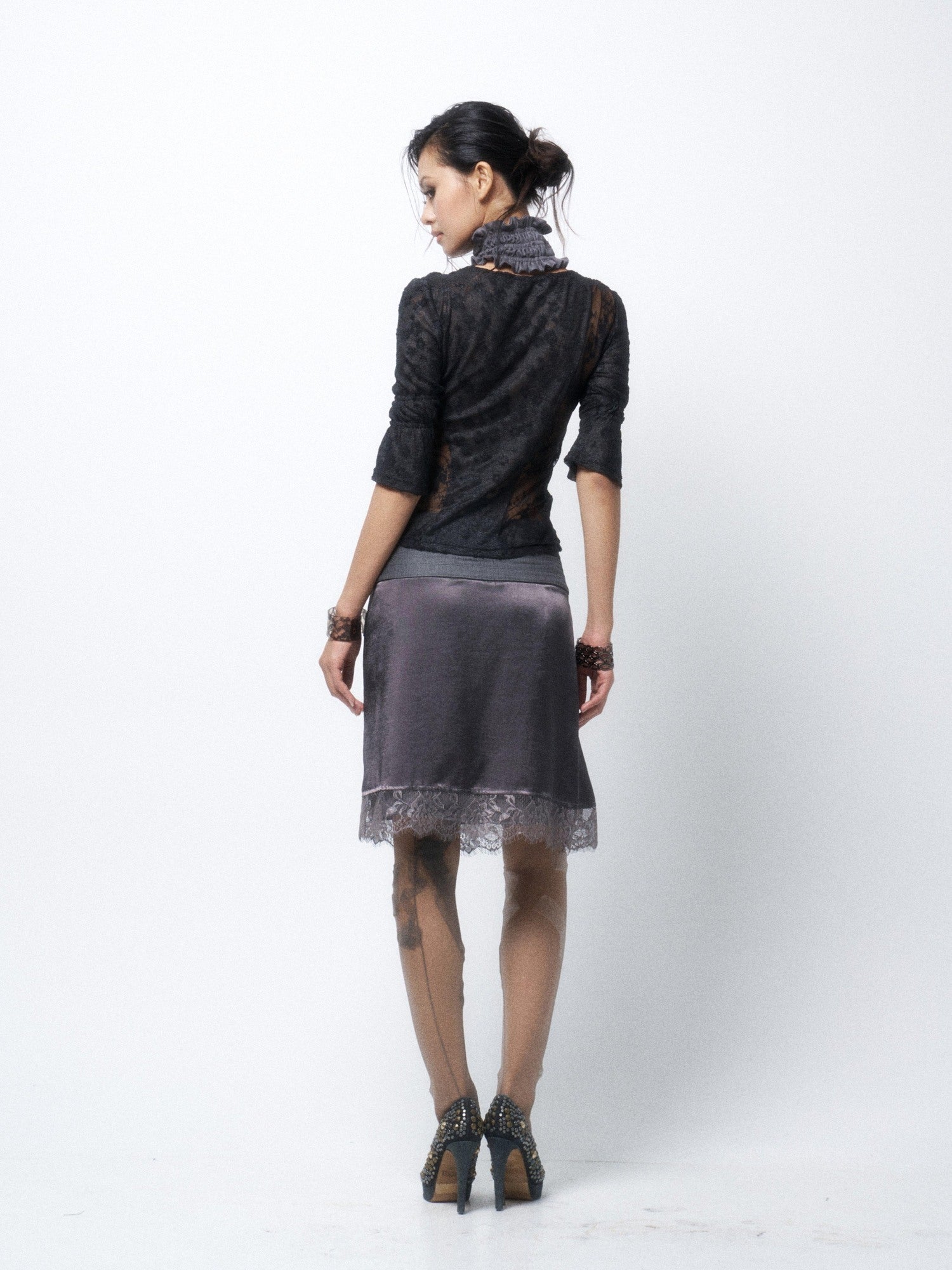 Flowers birds Market Silver Gray Lace H Silhouette Straight Fit Mid Waist Women Versatile Midi Skirts