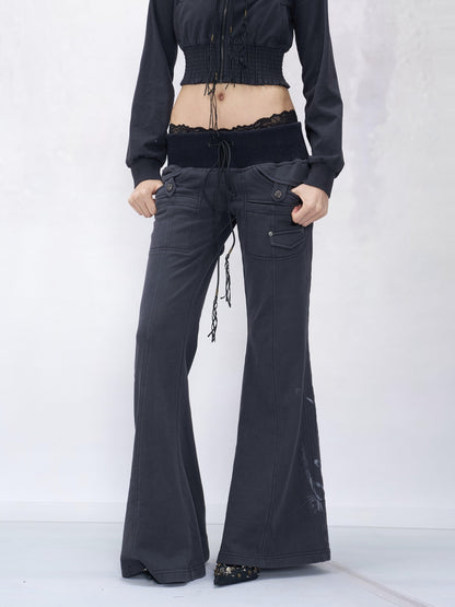 Flowers birds Market Soft Cotton 100% Printed Flare Sexy Natural Waist Womens Blue Purple Sweatpants
