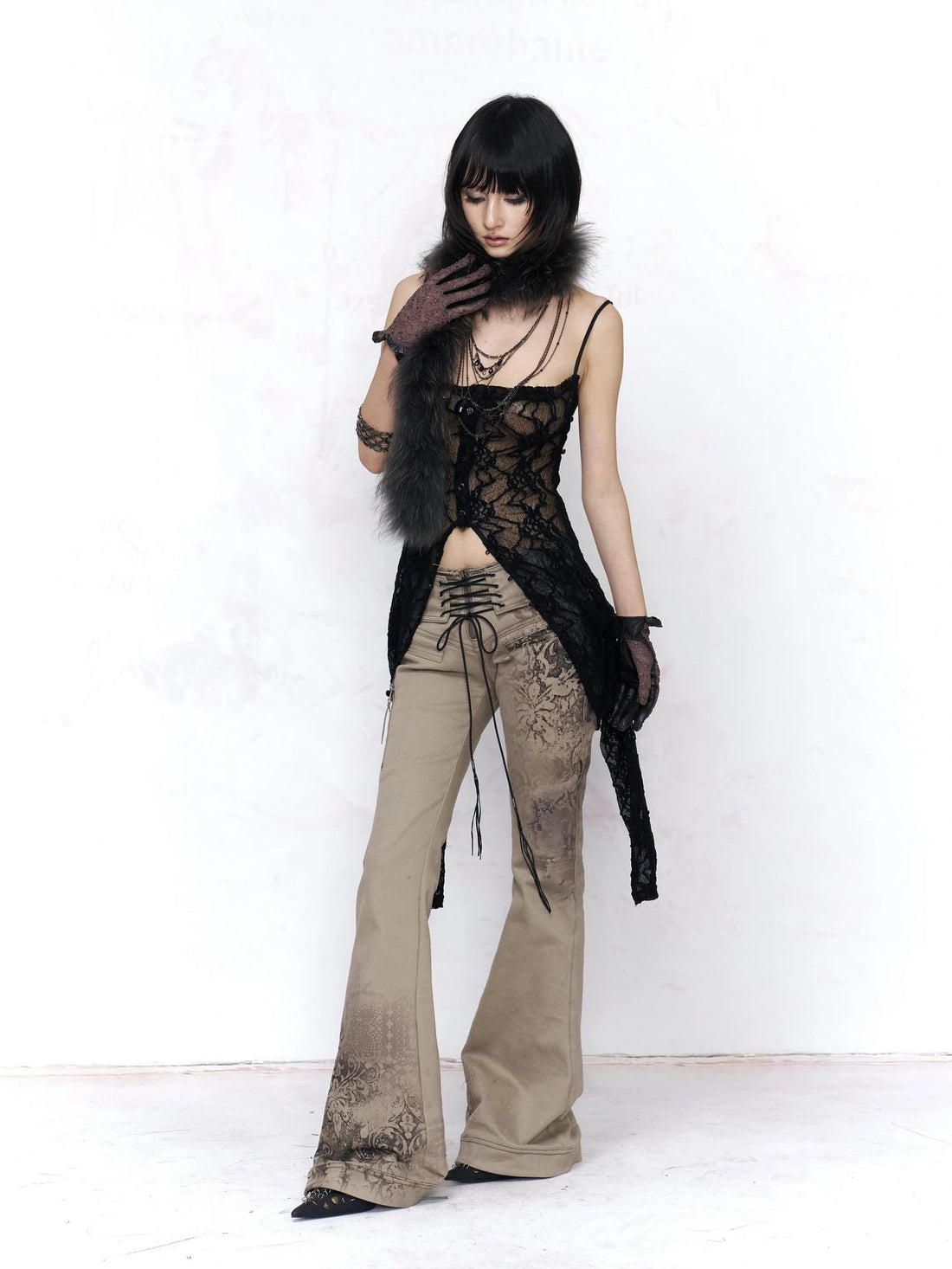 Flowers birds Market Soft Cotton Stretch Distressed Vintage Low Rise Slim Lace Up Khaki Women Jeans