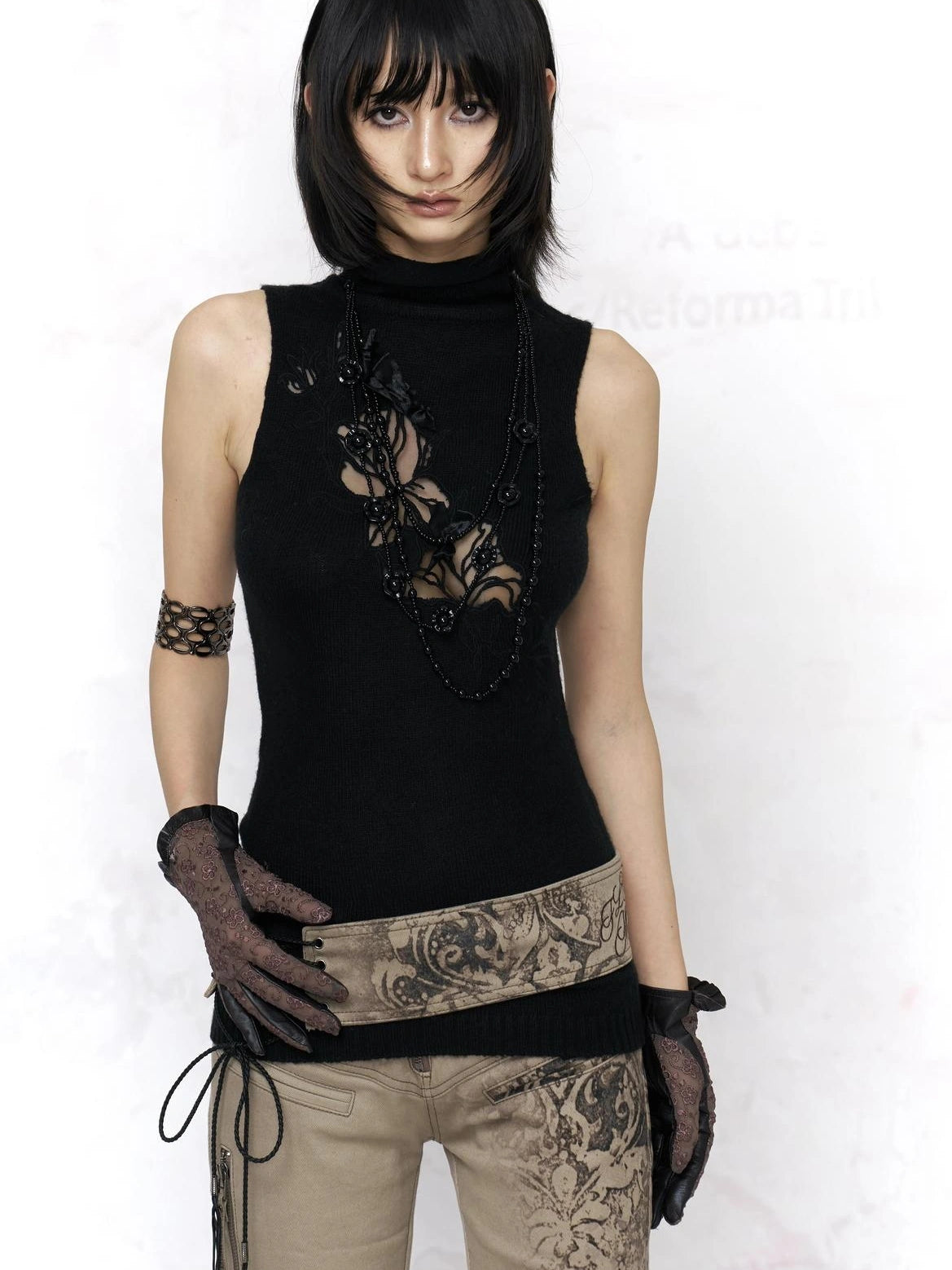 Flowers birds Market Soft Knit Slim Sleeveless Turtleneck Double Zipper Embroidered Women Tank Top