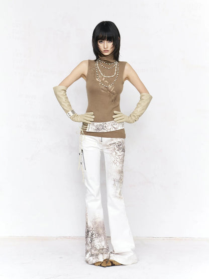 Flowers birds Market Soft Knit Slim Sleeveless Turtleneck Double Zipper Embroidered Women Tank Top