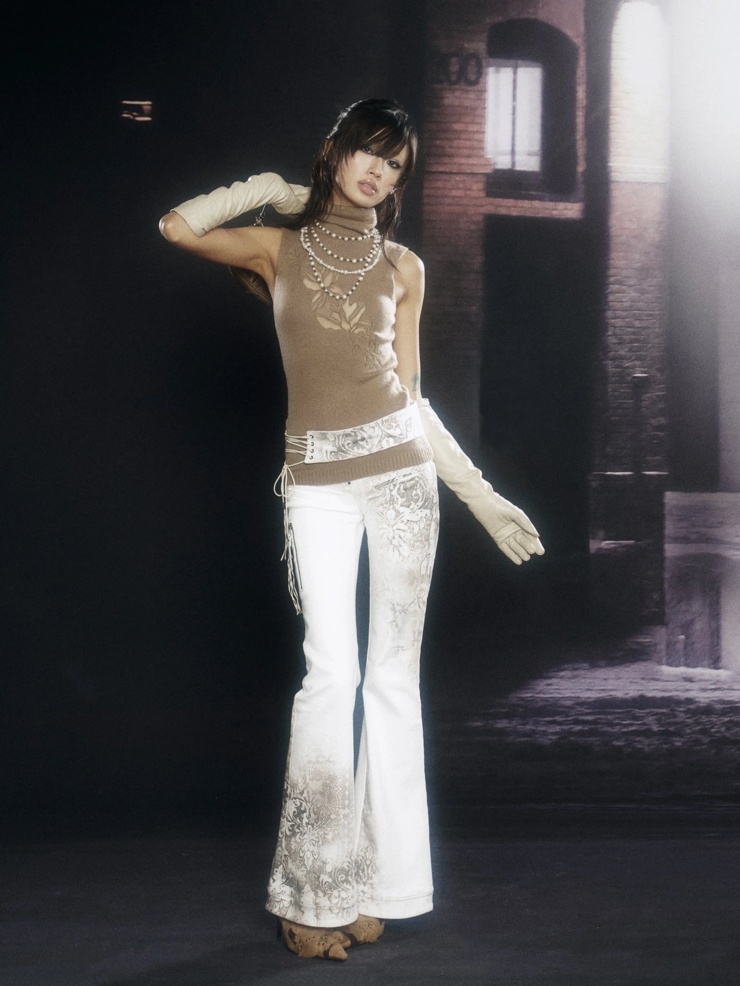 Flowers birds Market Soft Knit Slim Sleeveless Turtleneck Double Zipper Embroidered Women Tank Top