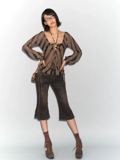 Flowers birds Market Soft Linen Blend Striped Asymmetric V Neck Loose Fit Women Long Sleeve Blouse