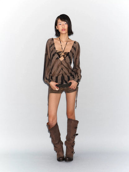 Flowers birds Market Soft Linen Blend Striped Asymmetric V Neck Loose Fit Women Long Sleeve Blouse