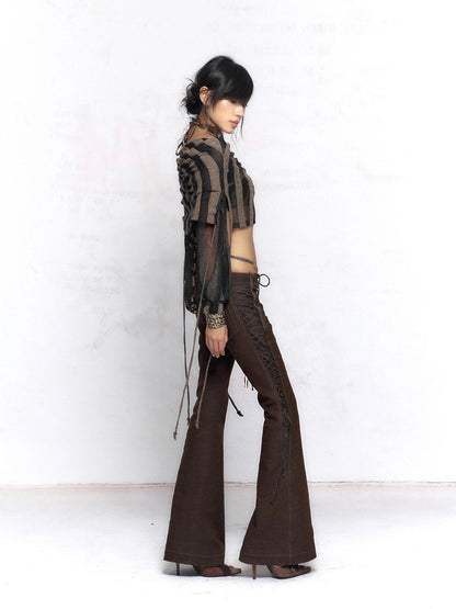 Flowers birds Market Soft Linen Blend Striped Asymmetric V Neck Loose Fit Women Long Sleeve Blouse