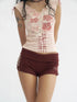 Flowers birds Market Soft Stretchy Slim Fit Straight Leg Elastic Waist Pockets Burgundy Women Short