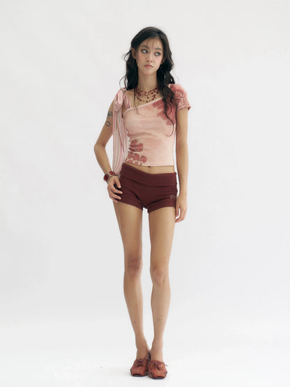 Flowers birds Market Soft Stretchy Slim Fit Straight Leg Elastic Waist Pockets Burgundy Women Short