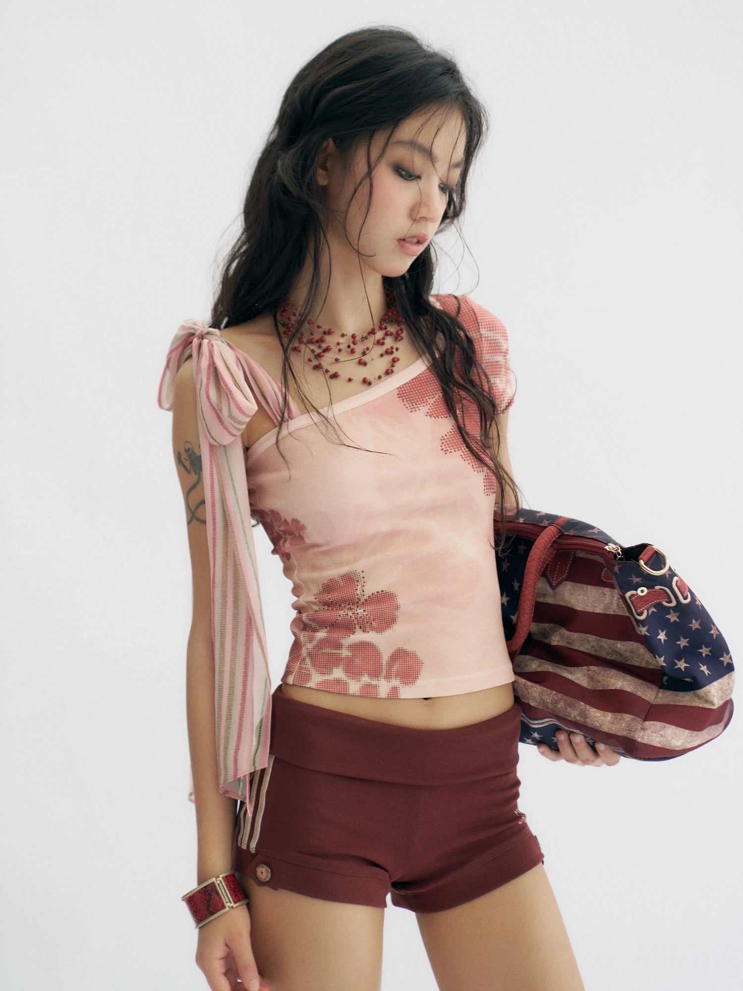 Flowers birds Market Soft Stretchy Slim Fit Straight Leg Elastic Waist Pockets Burgundy Women Short