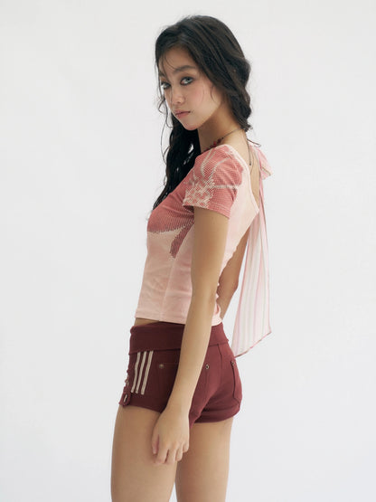 Flowers birds Market Soft Stretchy Slim Fit Straight Leg Elastic Waist Pockets Burgundy Women Short