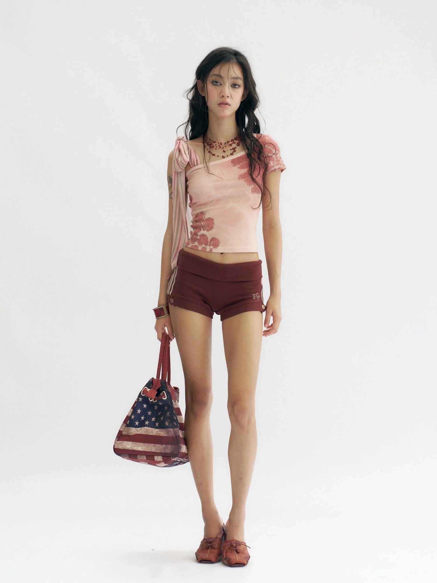 Flowers birds Market Soft Stretchy Slim Fit Straight Leg Elastic Waist Pockets Burgundy Women Short