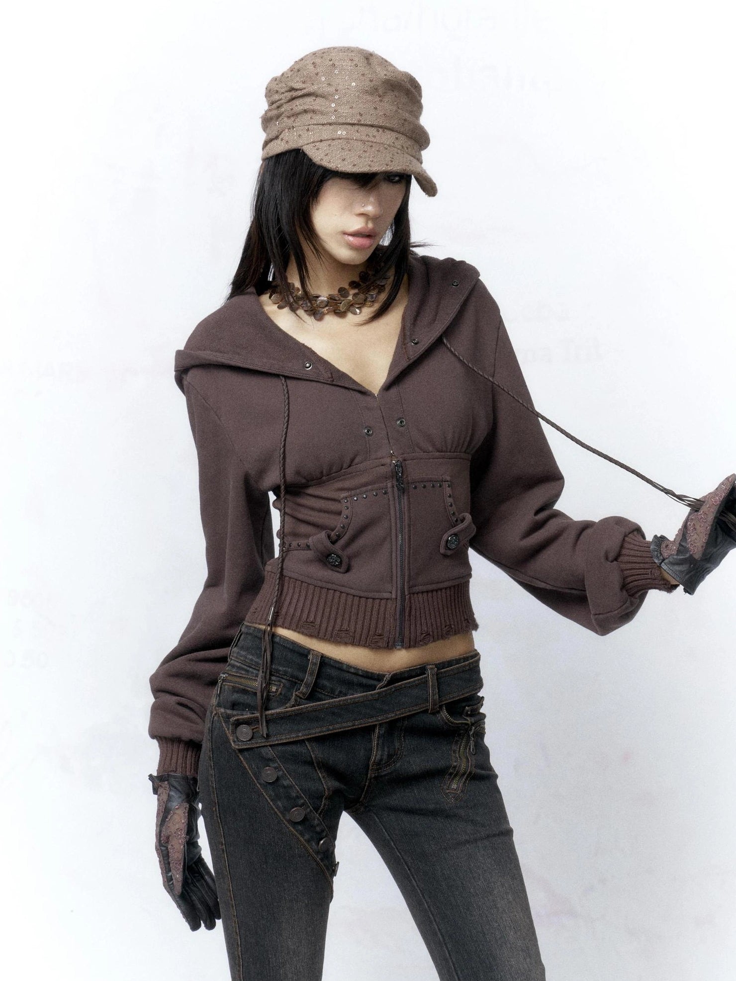 Flowers birds Market Solid Color Cotton Slim Fit Cropped Zip Up Hoodie For Women Hoodeis