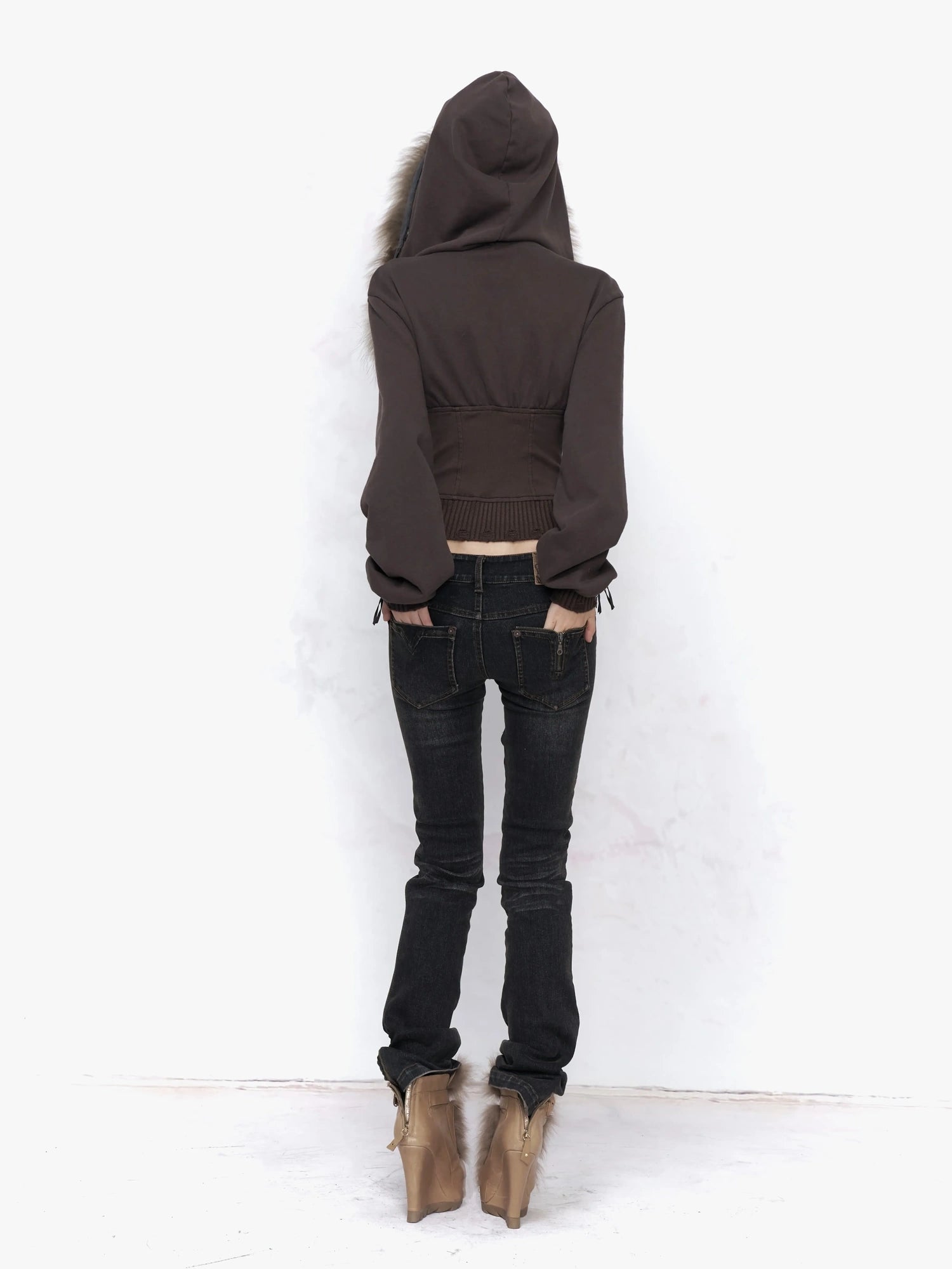 Flowers birds Market Solid Color Cotton Slim Fit Cropped Zip Up Hoodie For Women Hoodeis