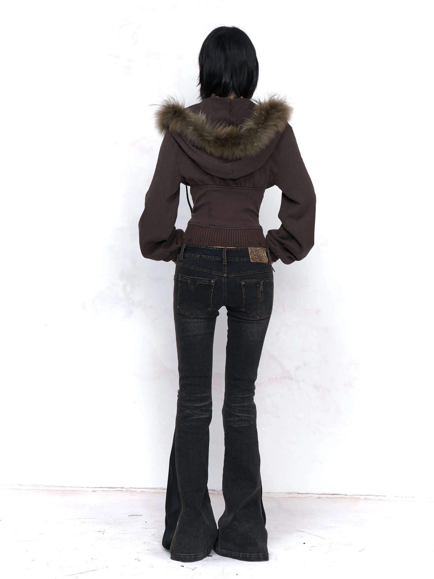 Flowers birds Market Solid Color Cotton Slim Fit Cropped Zip Up Hoodie For Women Hoodeis