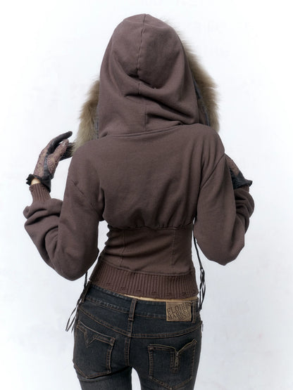 Flowers birds Market Solid Color Cotton Slim Fit Cropped Zip Up Hoodie For Women Hoodeis