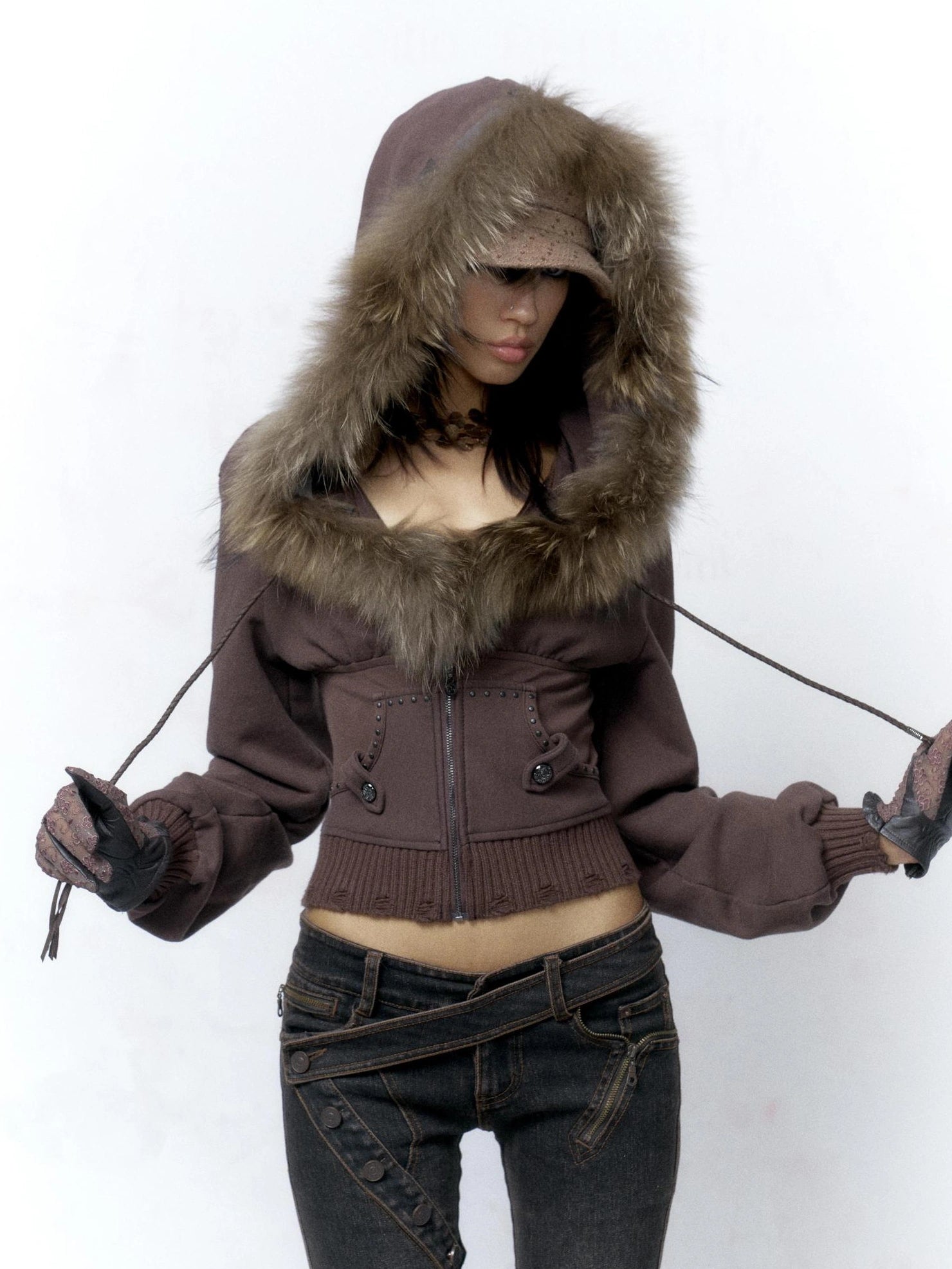 Flowers birds Market Solid Color Cotton Slim Fit Cropped Zip Up Hoodie For Women Hoodeis