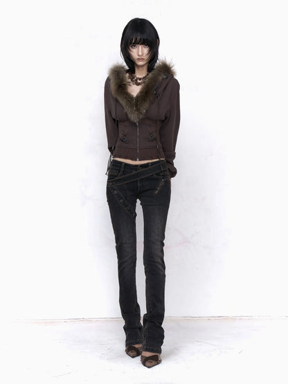 Flowers birds Market Solid Color Cotton Slim Fit Cropped Zip Up Hoodie For Women Hoodeis