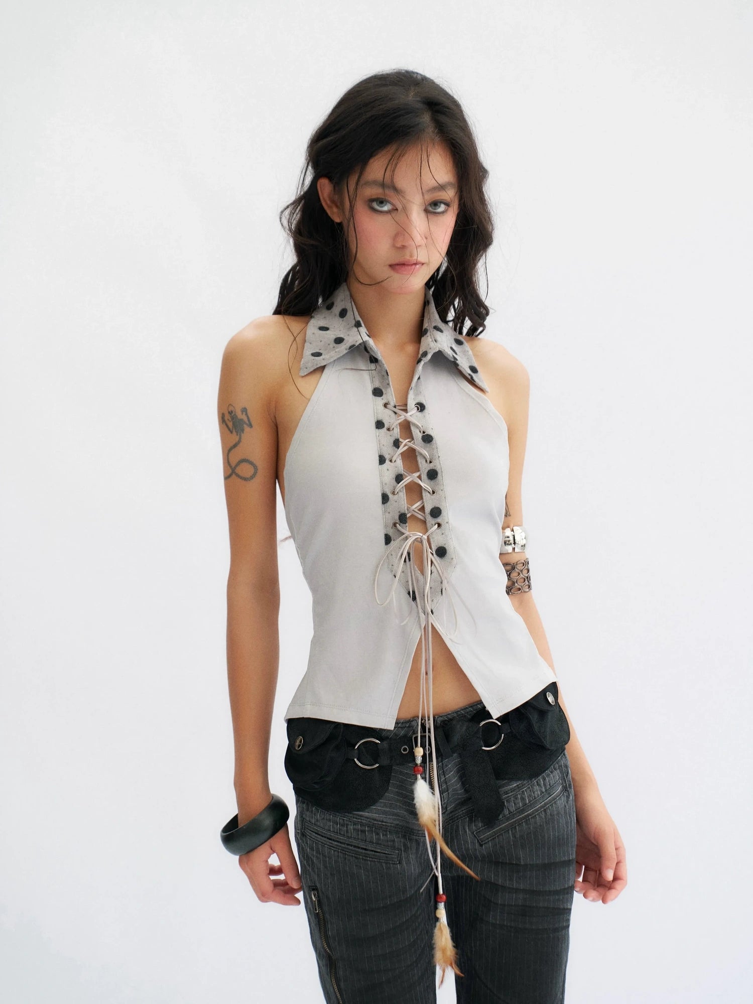 Flowers birds Market Stretch Cotton Halter Slim Fit Lace Up Solid Color Women Blue Gray Tank Top