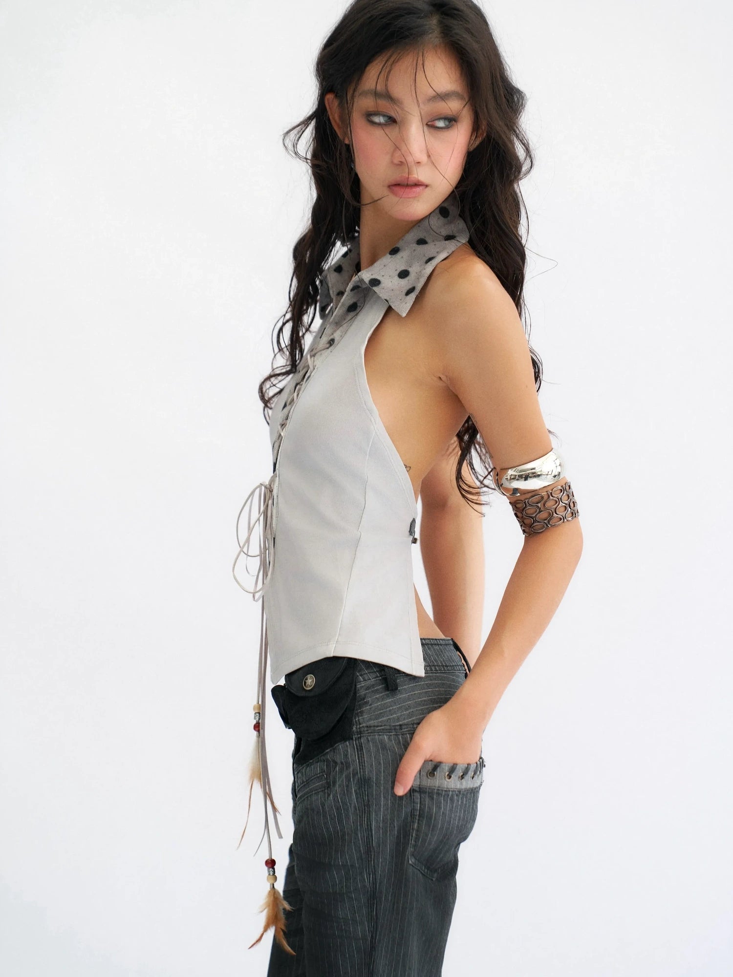 Flowers birds Market Stretch Cotton Halter Slim Fit Lace Up Solid Color Women Blue Gray Tank Top