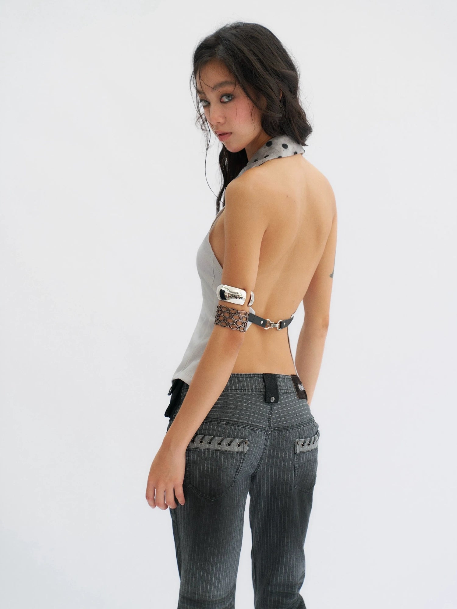 Flowers birds Market Stretch Cotton Halter Slim Fit Lace Up Solid Color Women Blue Gray Tank Top