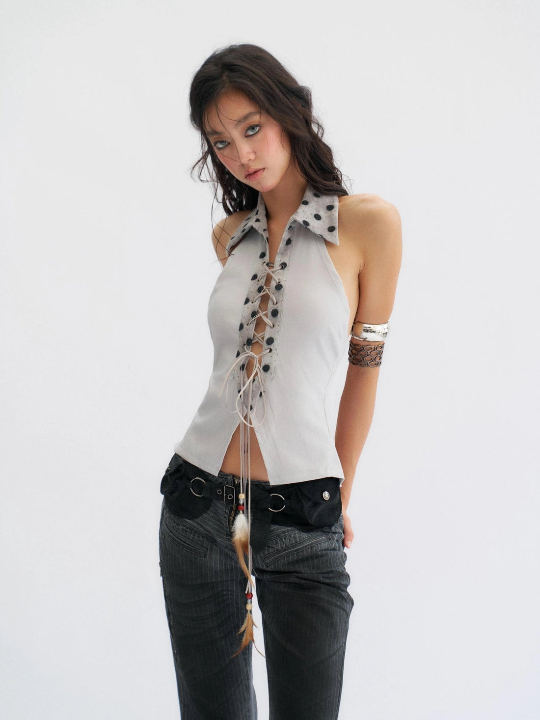 Flowers birds Market Stretch Cotton Halter Slim Fit Lace Up Solid Color Women Blue Gray Tank Top