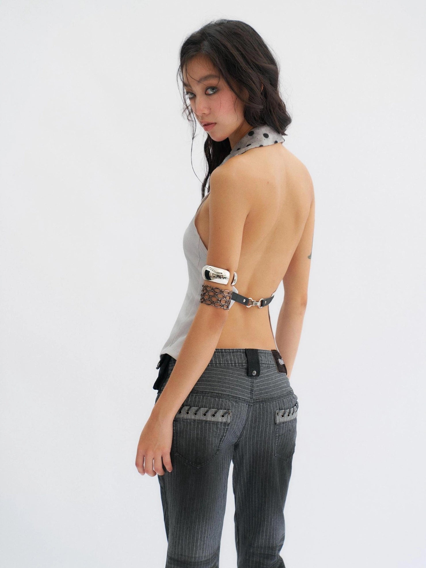 Flowers birds Market Stretch Cotton Halter Slim Fit Lace Up Solid Color Women Blue Gray Tank Top