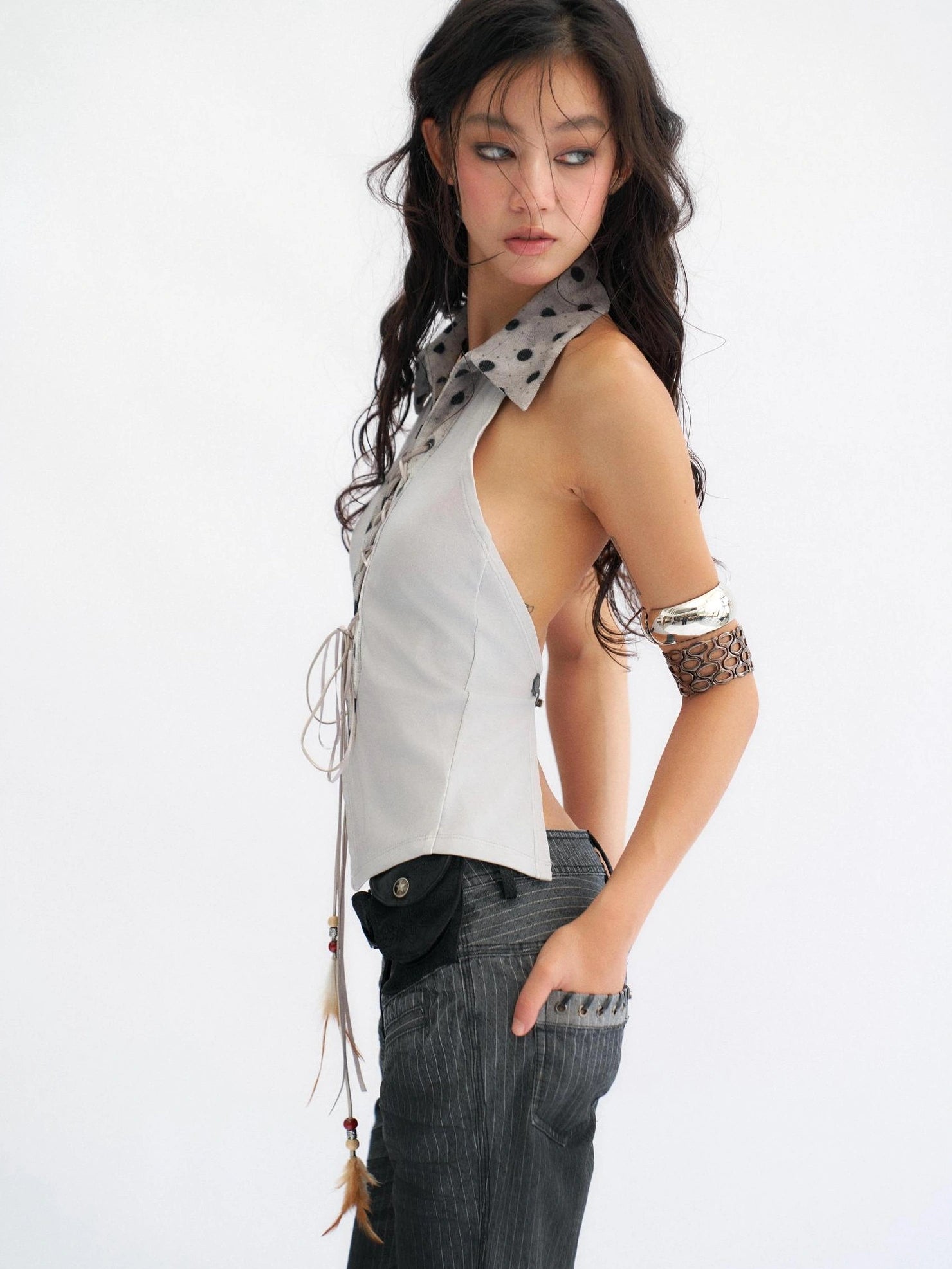 Flowers birds Market Stretch Cotton Halter Slim Fit Lace Up Solid Color Women Blue Gray Tank Top