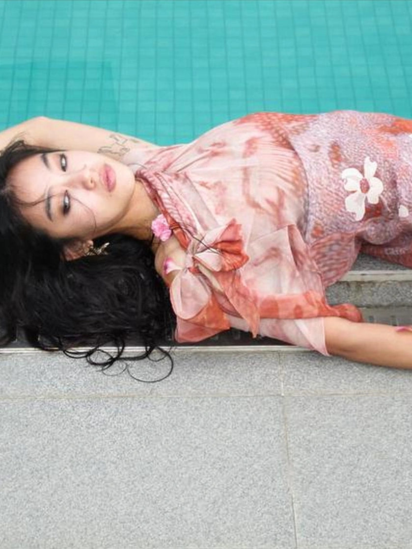 Flowers birds Market Stretch Elegant Off Shoulder Fit And Flare Short Sleeve Women City Walk Dresses