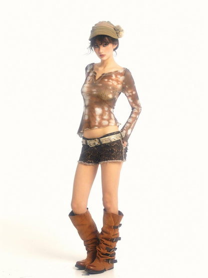 Sweet &amp; Spicy  Mesh V Neck T Shirt Long Sleeve Top
