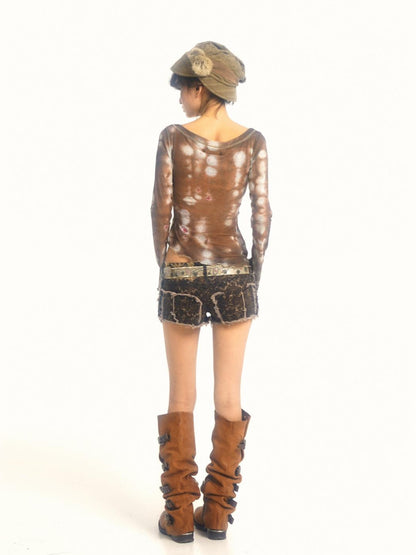 Sweet &amp; Spicy  Mesh V Neck T Shirt Long Sleeve Top