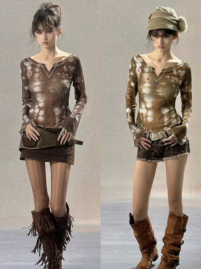 Sweet &amp; Spicy  Mesh V Neck T Shirt Long Sleeve Top