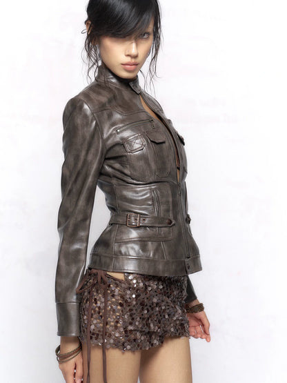 Flowers birds Market Taupe Streetwear Slim Fit Zip Up Stand Collar Long Sleeve Women Jacket