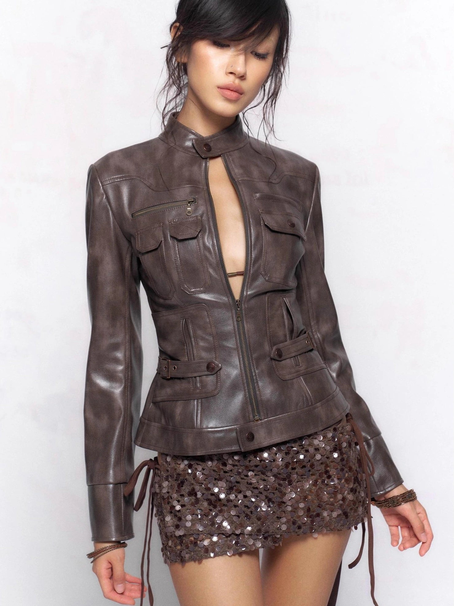 Flowers birds Market Taupe Streetwear Slim Fit Zip Up Stand Collar Long Sleeve Women Jacket