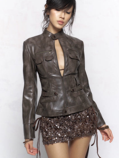 Flowers birds Market Taupe Streetwear Slim Fit Zip Up Stand Collar Long Sleeve Women Jacket