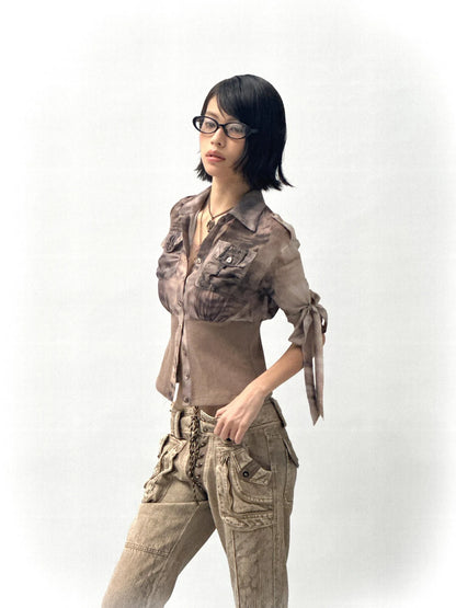 Tiger Print Slim Tie Dye Chiffon Long Sleeve Shirt