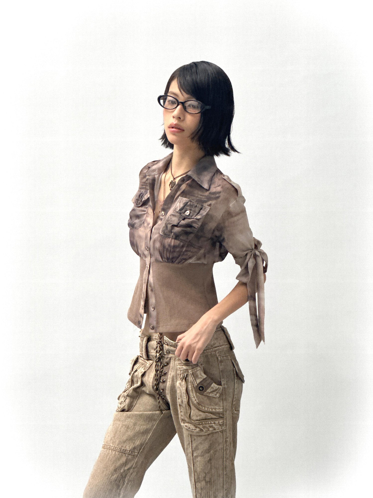 Flowers birds Market Tiger Print Slim Tie Dye Chiffon Long Sleeve Shirt