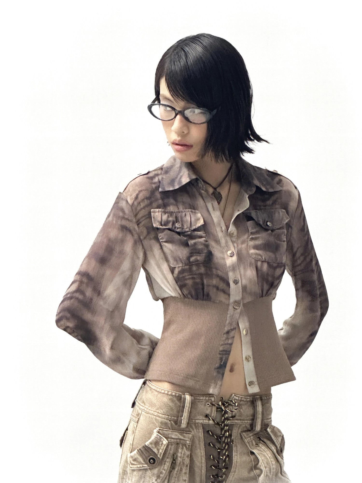 Tiger Print Slim Tie Dye Chiffon Long Sleeve Shirt