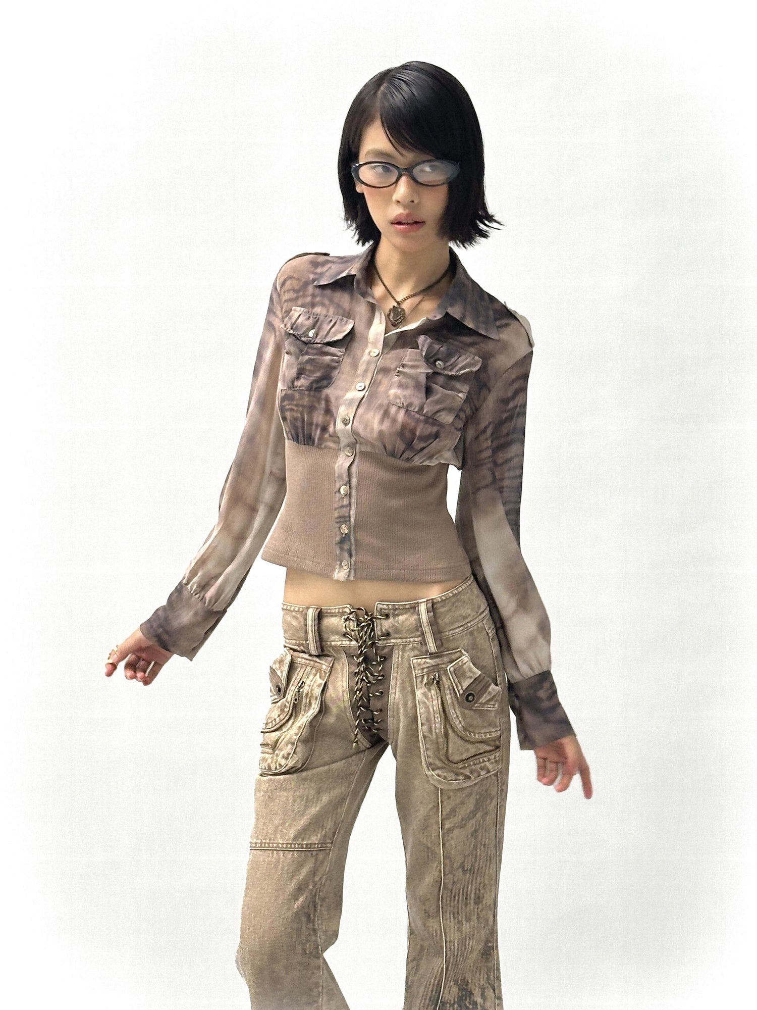 Flowers birds Market Tiger Print Slim Tie Dye Chiffon Long Sleeve Shirt